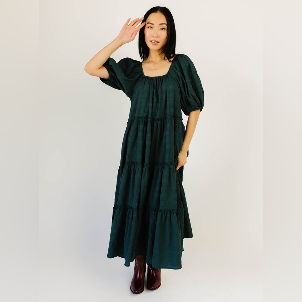 Green Tiered Maxi Sundress with Puff Sleeves
